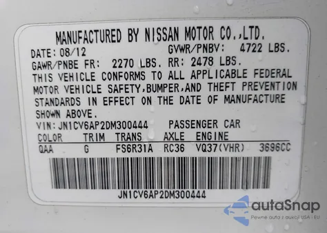 2013 Infiniti G37 Sport z USA, uszkodzony, nr VIN JN1CV6AP2DM300444